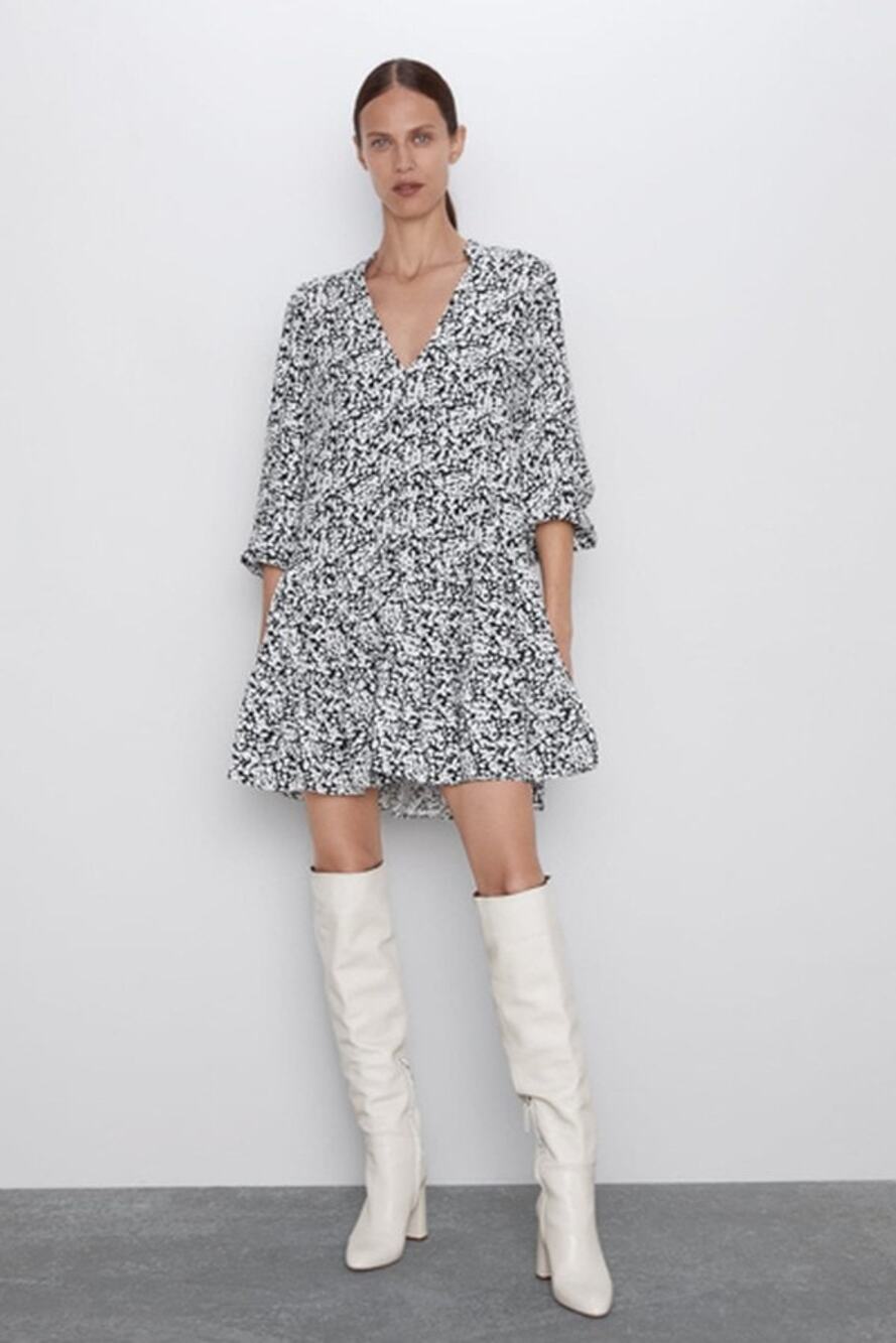 Zara Printed Ditsy Floral Black White Mini Swing Dress 3/4 Puff Sleeve XS